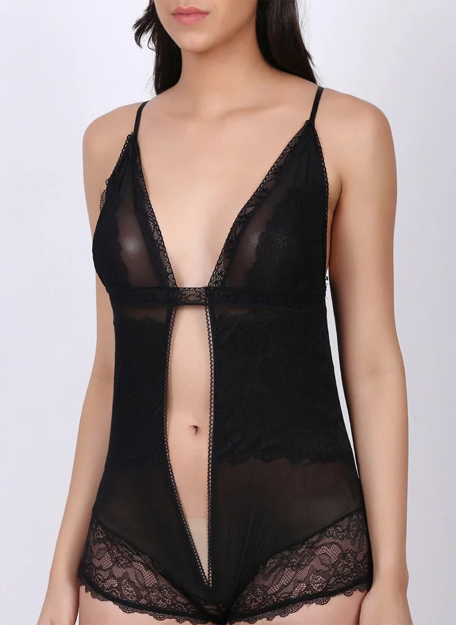 Laceandme Laceandme Women Black Self Design Baby Doll